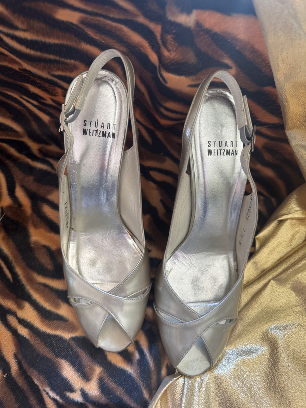 Stuart Weitzman Silver Metallic Peep-Toe Slingback Heels